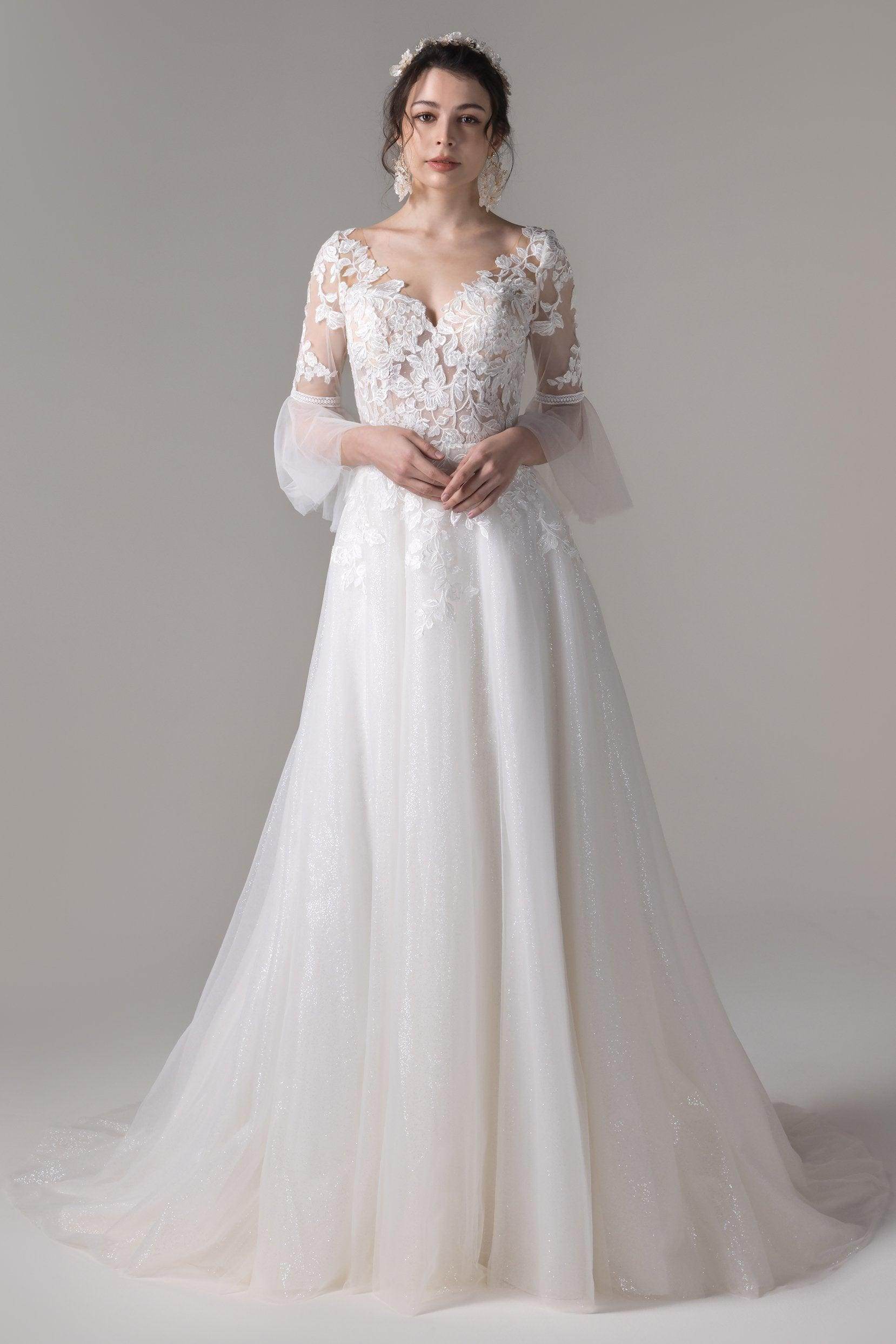 A-Line Court Train Lace Sequined Tulle Wedding Dress CW2784 - COCOMELODY